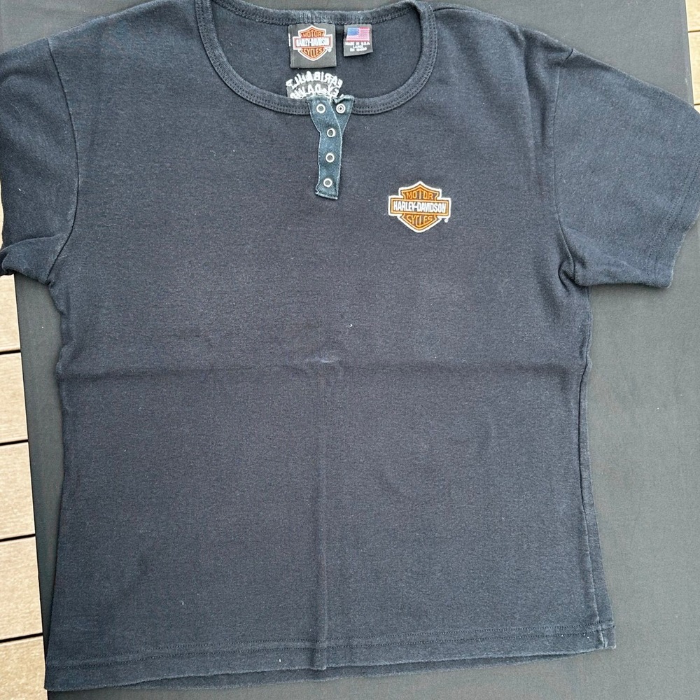 Harley-Davidson Womens Henley Shirt Black Embroidered Logo Faribault MN Large